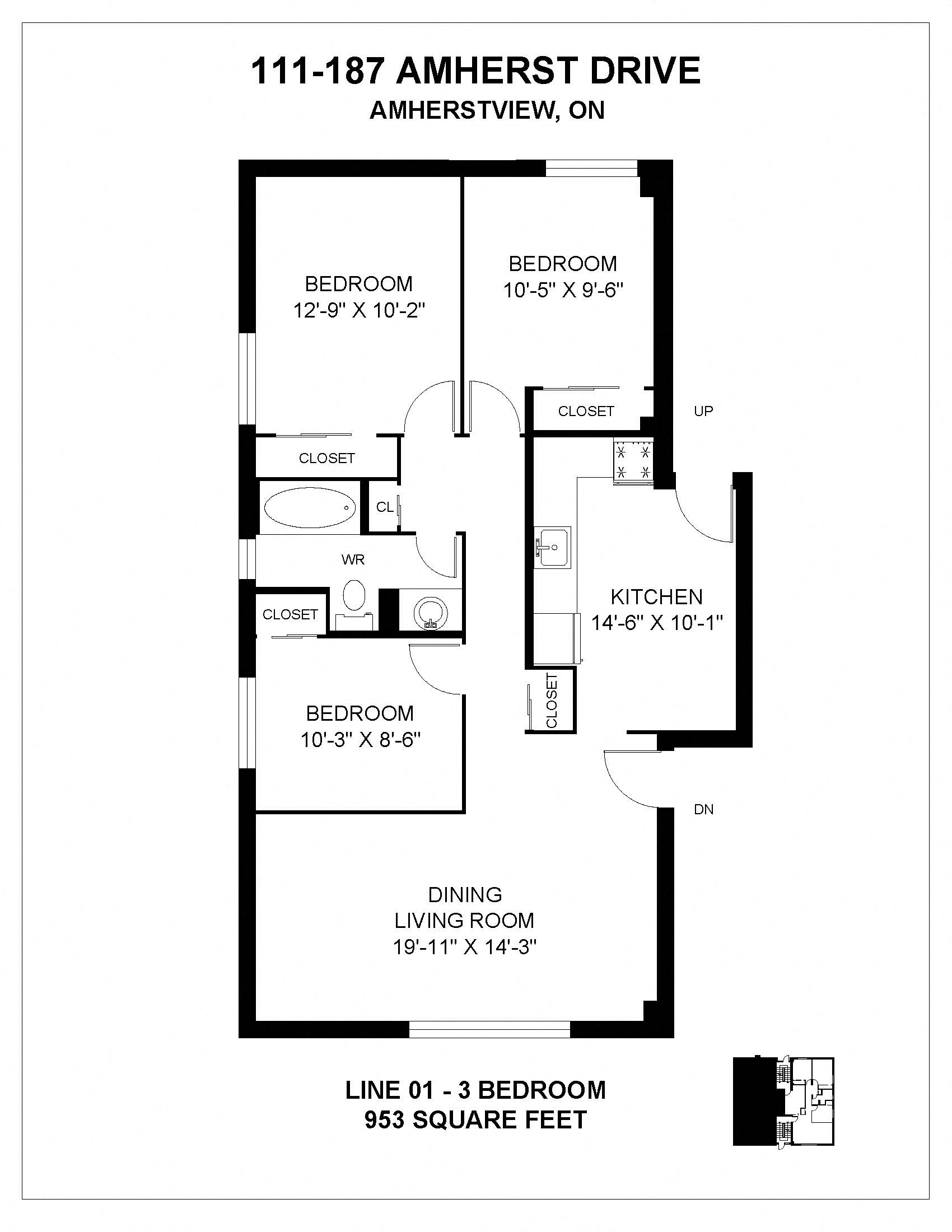 Floor plan for 3 beds, 1 bath, 953 sqft